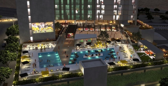 Conceptual rendering of the "Vegas style" pool area and amenities.