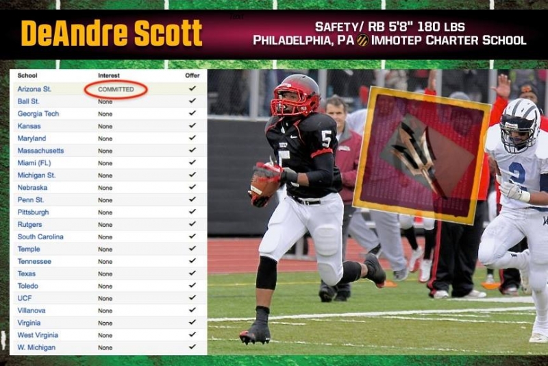 DeAndre Scott - 5’8” 180 lbs Safety/ RB from Philadelphia, Scott is a childhood friend of ASU WR, Jaelen Strong.