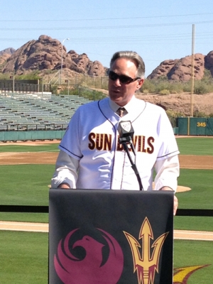 ASU's former AD announcing Sun Devil Baseball's future home at Phoenix Municipal Stadium.