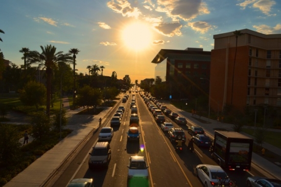 Looking west from the bridge to Palm Walk over University Drive (photo, Keely McManaman