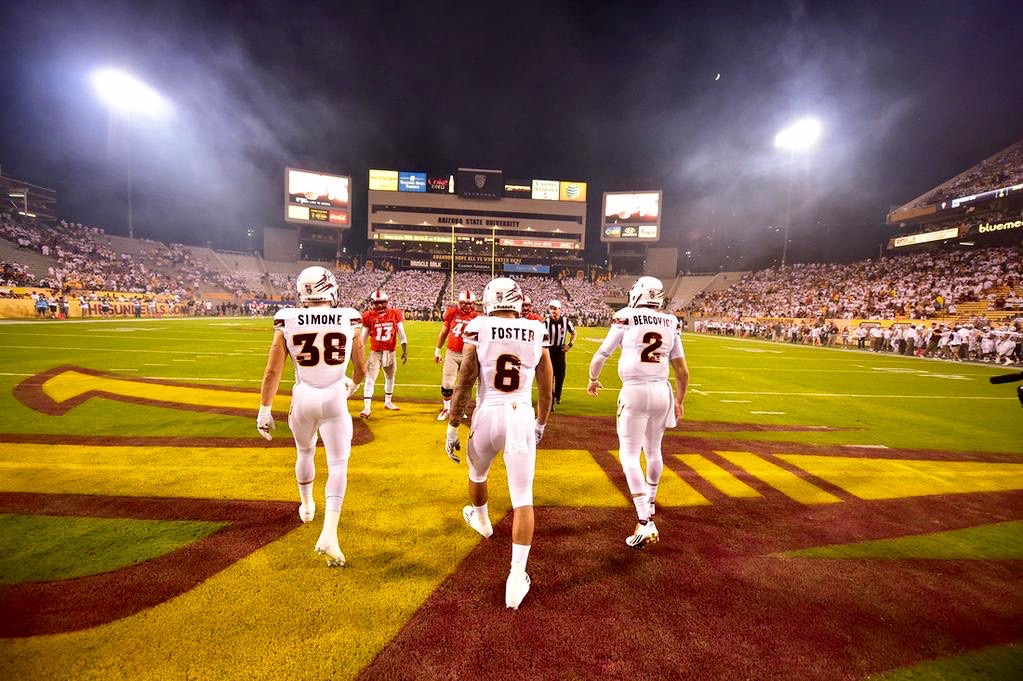 Sun Devil Captains, Jordan Simone, D.J. Foster and Mike Bercovici prepare for kickoff against New Mexico (photo- Sun Devil Athletics)