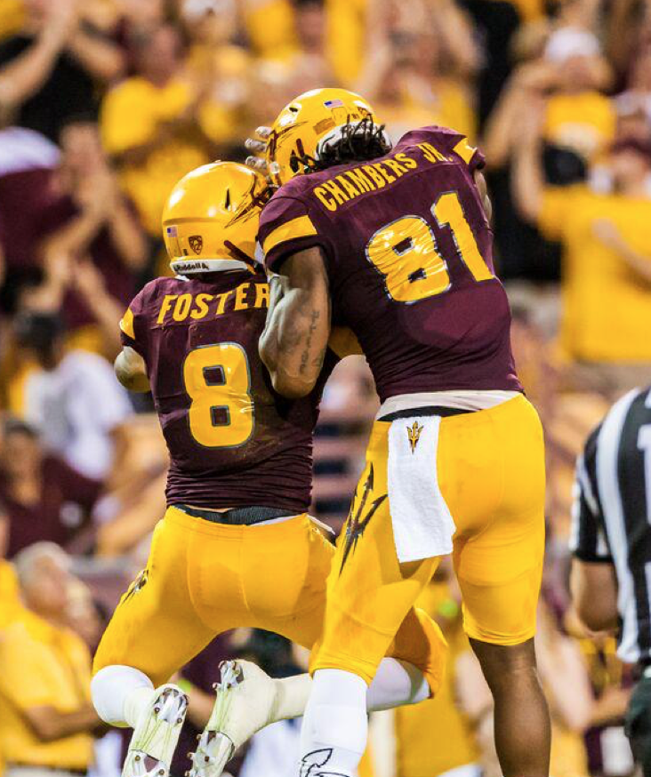 D.J. Foster celebrates a 14-yard touchdown reception against Cal Poly (photo- ASU Athletics)