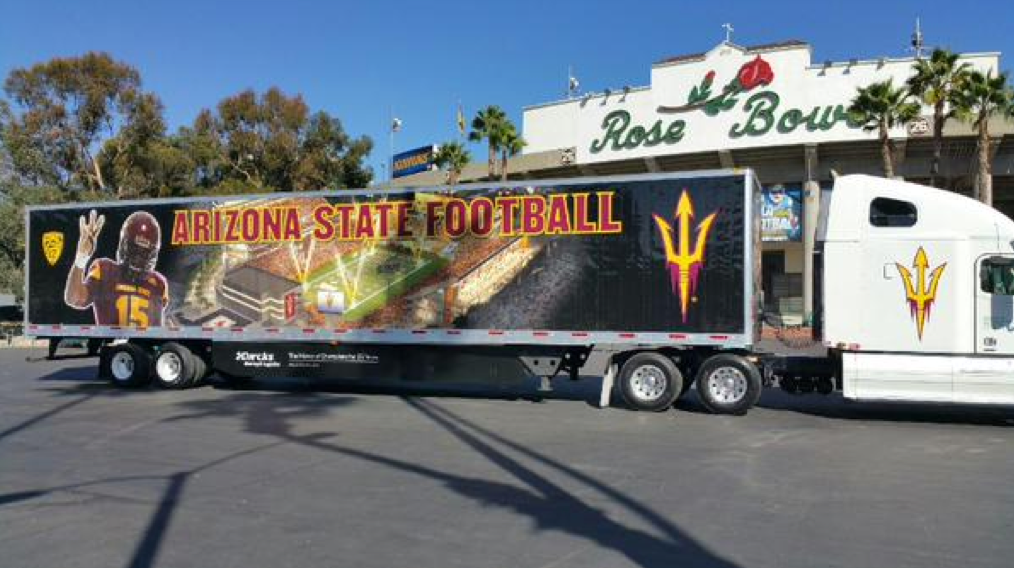 The Sun Devil Equipment semi arrives at the Rose Bowl