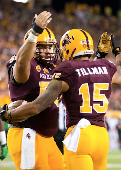 WR Devin Lucien celebrates after a touchdown reception vs Oregon at Sun Devil Stadium