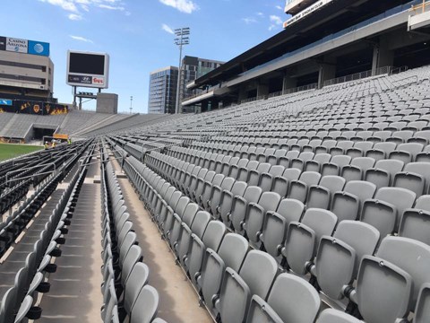 West Side: Seat-backs and cup-holders await in the lower and middle sections of Sun Devil Stadium