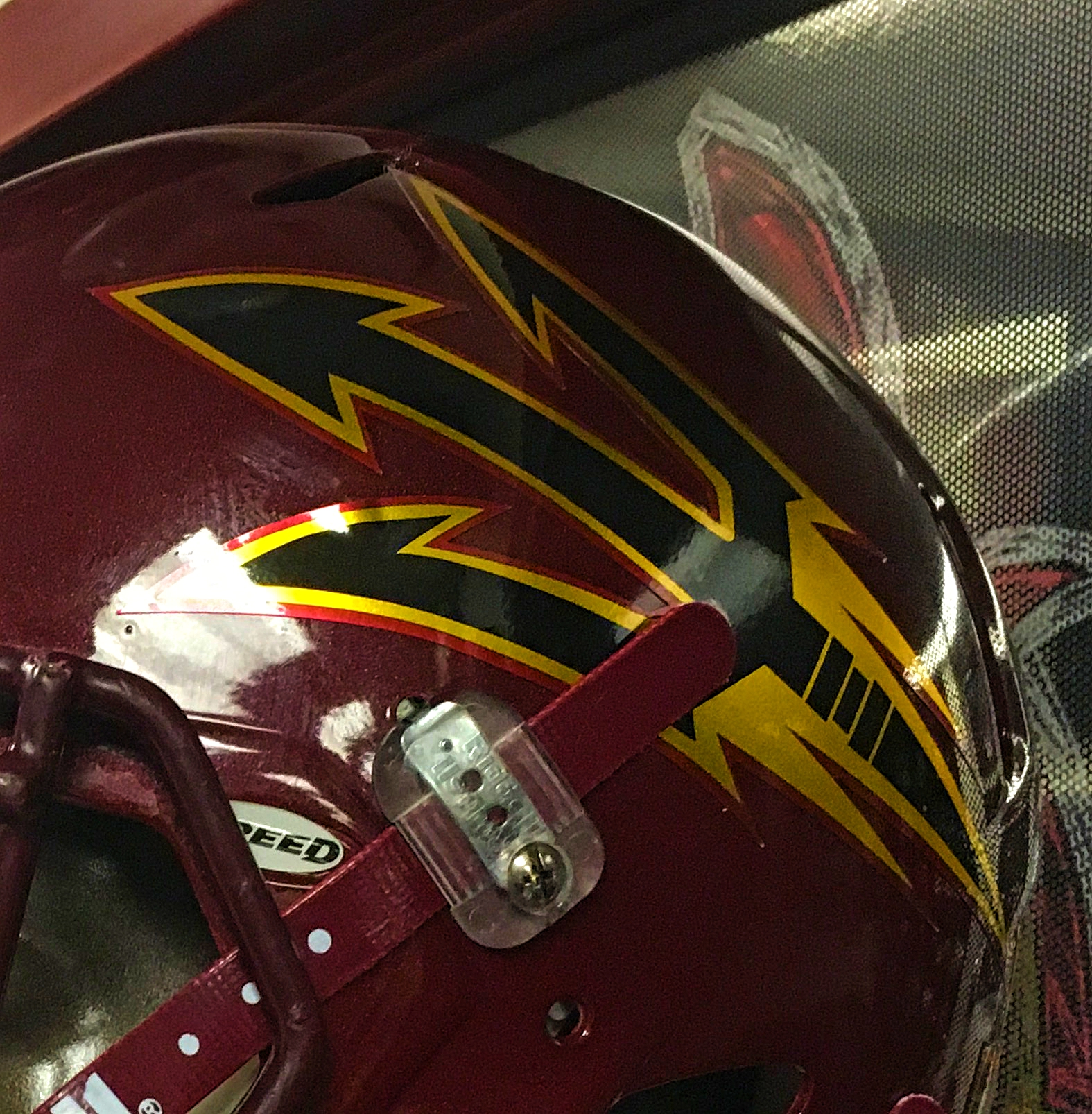 Close-up of this year's Maroon Monsoon helmet