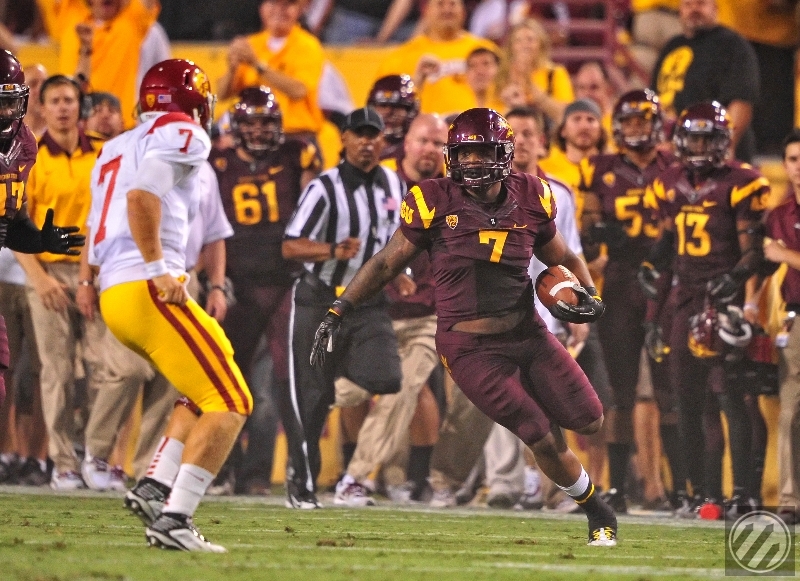 Sun Devil #7 Vontaze Burfict intercepts Trojan #7 Matt Barkly (Photo- Peter Vander Stoep, DieHardDevil.com)